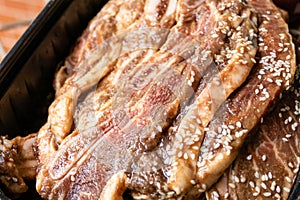 Bowl of raw beef rib steaks