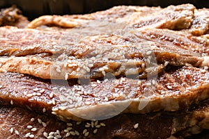 Bowl of raw beef rib steaks