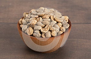 Bowl of Raw Green Coffee Beans on a Wooden Table