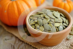 Bowl of raw pumpkin seeds with fresh pumpkins