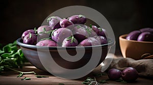 Bowl of raw purple potatoes, thyme and peeler, generative ai