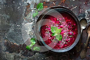 Bowl of red beet root soup borsch