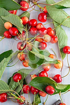 Bowl with red cherries food background