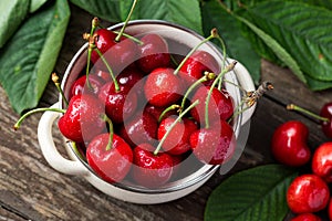 Bowl with red cherries, freshly picked cherries