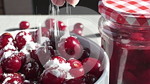 Bowl With Red Fresh Ripe Cherries On The Background Of A White Brick Wall