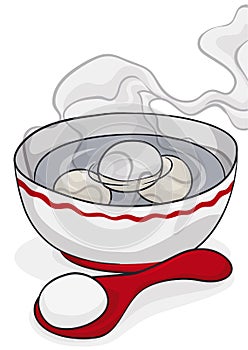 Bowl with red spoon and hot tangyuan desserts, Vector Illustration