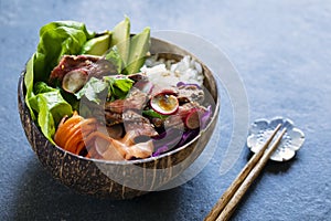 Bowl with rice, beef and vegetable