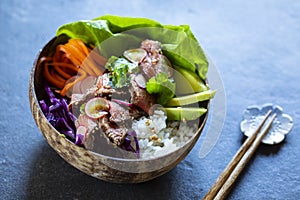 Bowl with rice, beef and vegetable