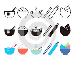 Bowl, rice, chopsticks and noodle icons, vector illustration