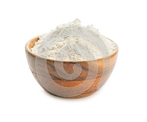 Bowl with rice flour on white background