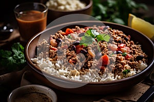 Bowl rice meat. Generate Ai