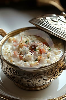 A bowl of rice pudding on a white plate with a silver lid
