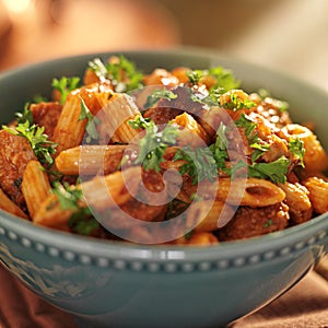 Bowl of rigatoni pasta with sausage