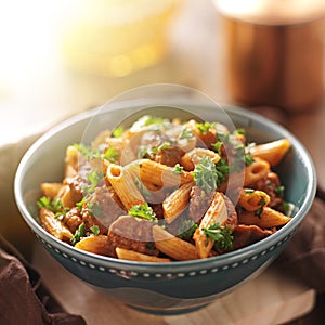 Bowl of rigatoni pasta with sausage