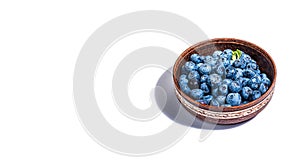 Bowl of ripe blueberries isolated on white background. Fresh fruits, ingredients of healthy food