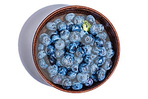 Bowl of ripe blueberries isolated on white background. Fresh fruits, ingredients of healthy food