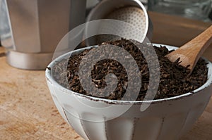 Bowl of roasted and ground barley for preparation with a coffee maker. Barley coffee is very popular as a coffee substitute