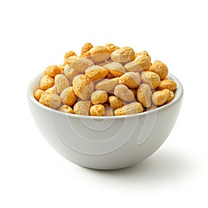 A bowl of roasted peanuts with visible salt, isolated on a white