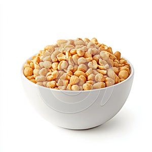 A bowl of roasted peanuts with visible salt, isolated on a white