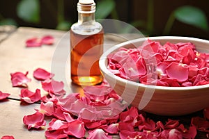 bowl of rose petals next to rose-scented oil bottle