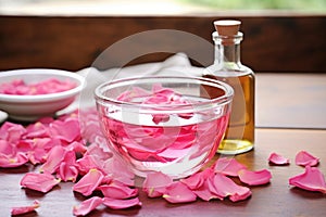 bowl of rose petals next to rose-scented oil bottle