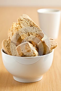 Bowl of rusks with a mug of coffee