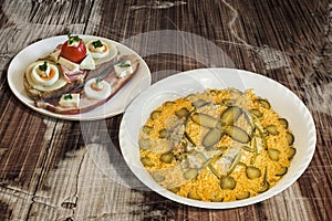 Bowl Of Russian Salad With Bacon Egg And Cheese Sandwich And Spinach Cheese Pie Zeljanica Set On Old Flaky Wooden Garden Table