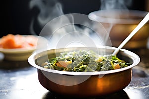 bowl of saag aloo with steam rising, spoon on side