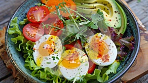 A bowl of a salad with eggs, tomatoes and avocado, AI