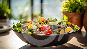 A bowl of salad with eggs and vegetables, AI