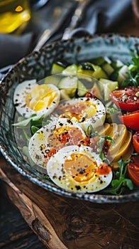A bowl of a salad with tomatoes, eggs and cucumbers, AI