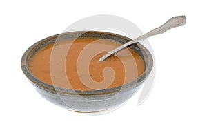 Bowl of salmon bisque soup with a spoon