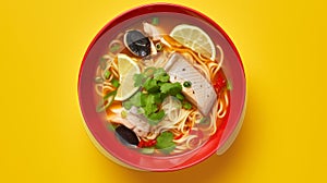 Stylish Fish Head Noodle Soup On Yellow Background