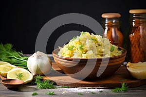A bowl of sauerkraut. Healthy food, super food. AI generated.