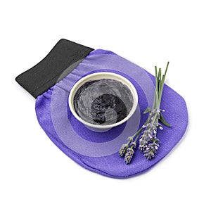 Bowl with savon beldi with lavender on a traditional washcloth