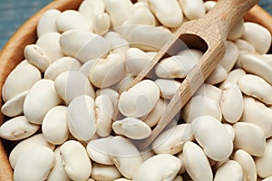 Bowl and scoop with uncooked white beans, closeup