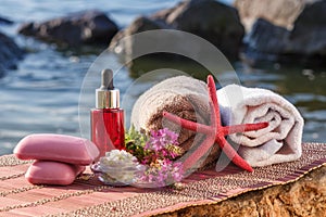 Bowl with sea salt, bottles with aromatic oil, soap, wild flower