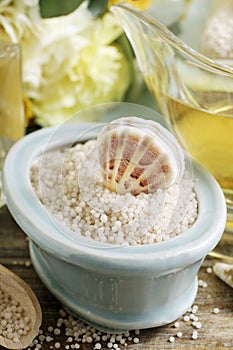 Bowl of sea salt and jug of liquid soap