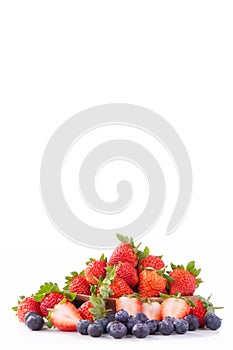 A bowl set of beautiful and delicious strawberry and blueberry isolated on white background, close up, copy space, clipping path,