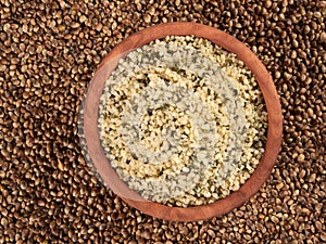 Bowl of shelled hemp seeds