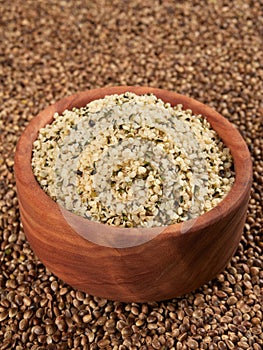 Bowl of shelled hemp seeds