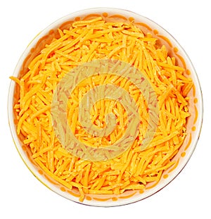 Bowl of Shredded Cheddar Over White