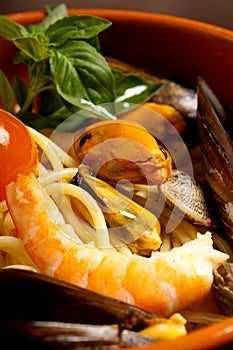 Bowl with shrimp spaghetti