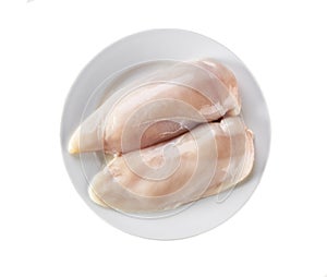 bowl with skinless raw chicken breast isolated on white background, top view