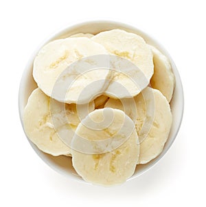 Bowl of sliced banana from above