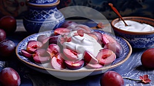 a bowl of sliced figs with yogurt and strawberries