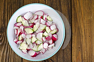 Bowl with sliced fresh radish and cucumber, vegetarian food