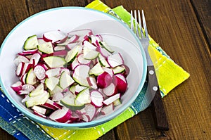 Bowl with sliced fresh radish and cucumber, vegetarian food