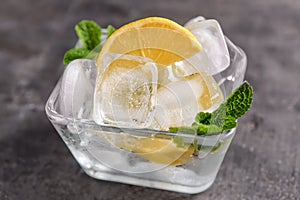 Bowl with sliced lemon and ice cubes on grey table