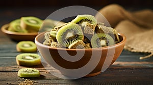 Bowl with slices of kiwi on wooden background, top view. Dried fruit as healthy food. Generative AI